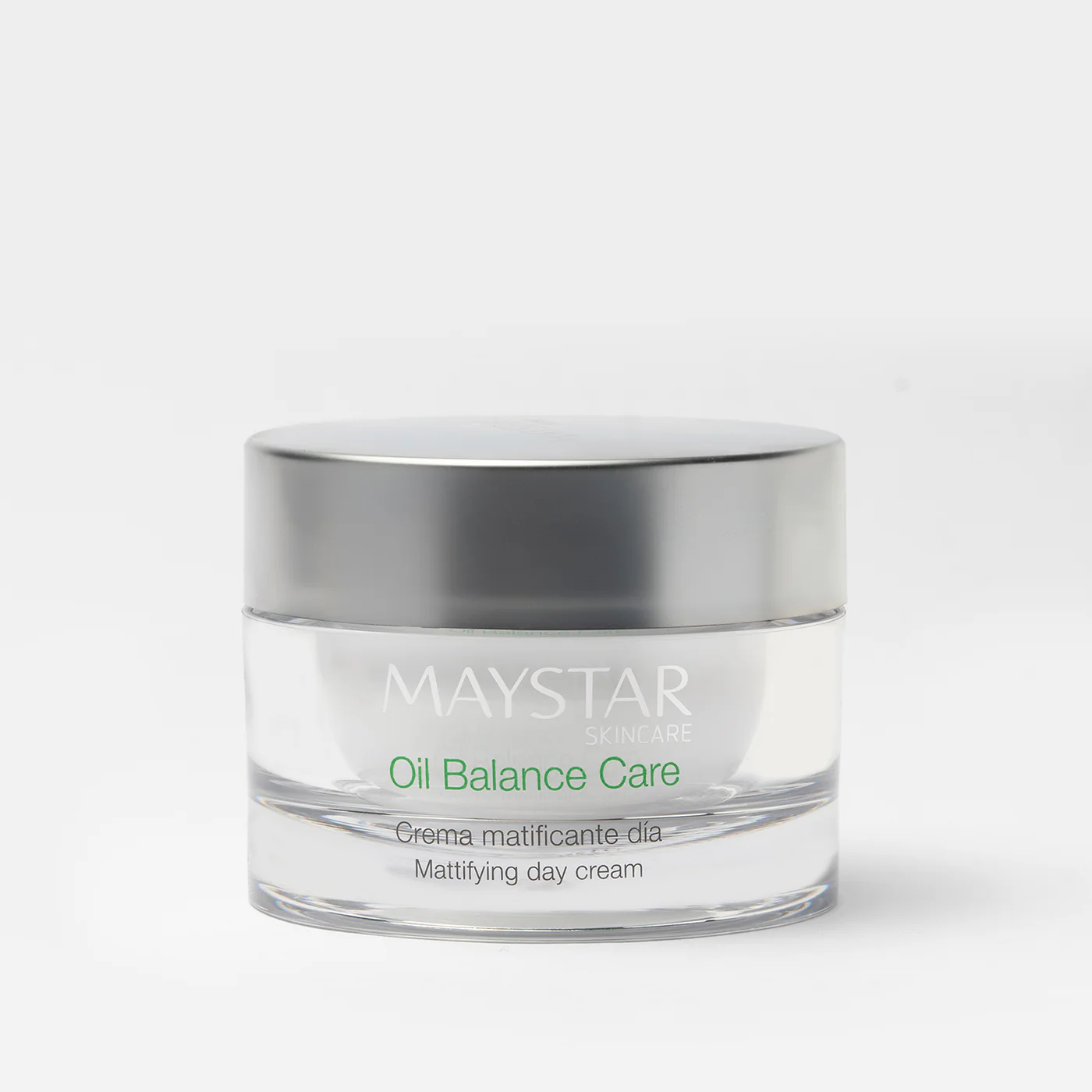 Maystar Oil Balance mattende dagkrem i hvit pumpeflaske