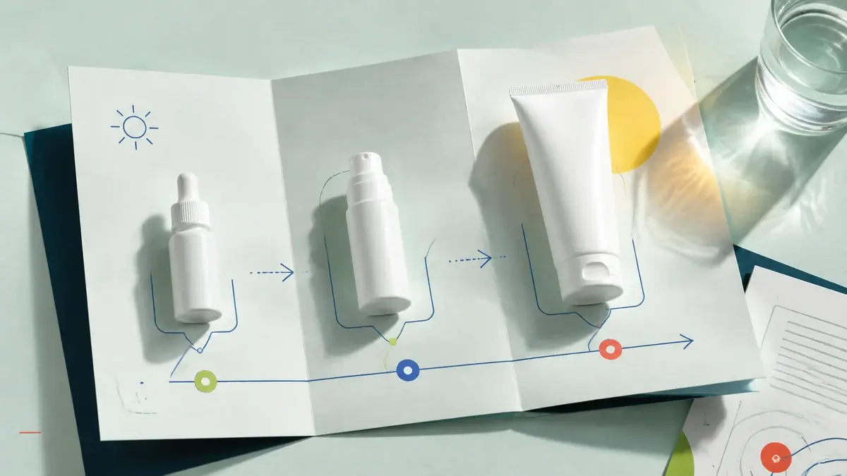 Serum, dagkrem og solkrem i riktig rekkefølge på tre brettede informasjonsfelt