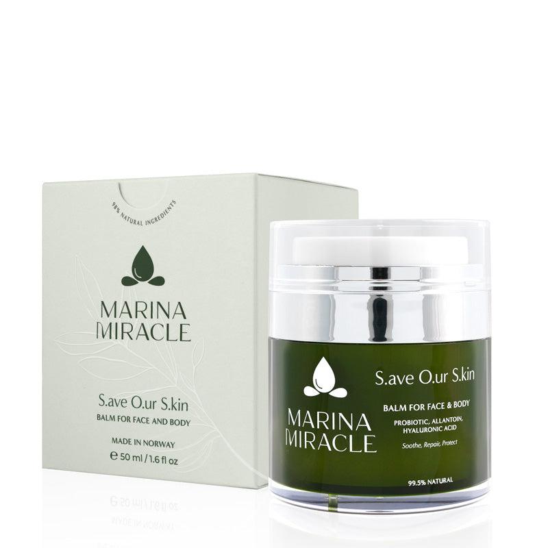 Marina Miracle SOS Balm i pumpeflaske ved siden av esken