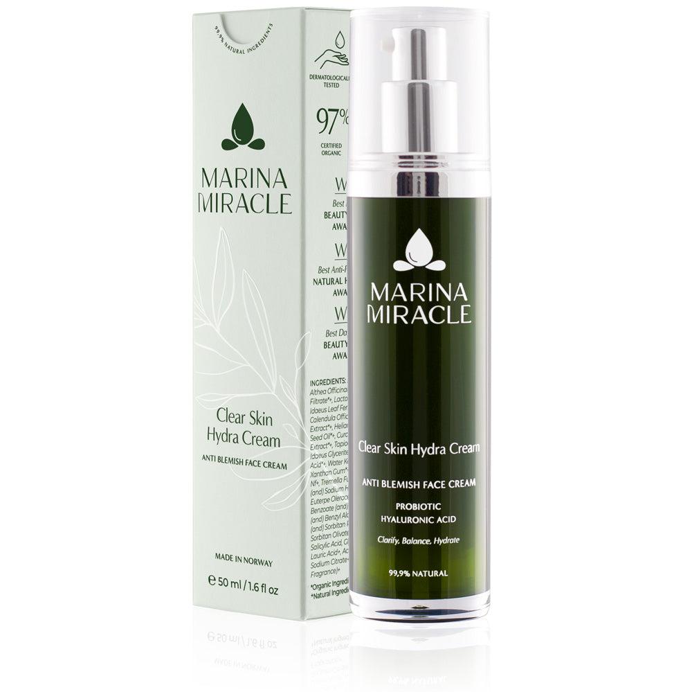 Marina Miracle Clear Skin Hydra Cream i krukke ved siden av produktesken